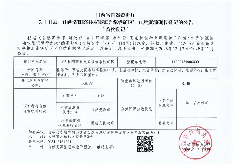 山西省白然资源厅关于开展“山西省阳高县友宰镇岩掌铁矿区”自然资源确权登记的公告(首次登记)